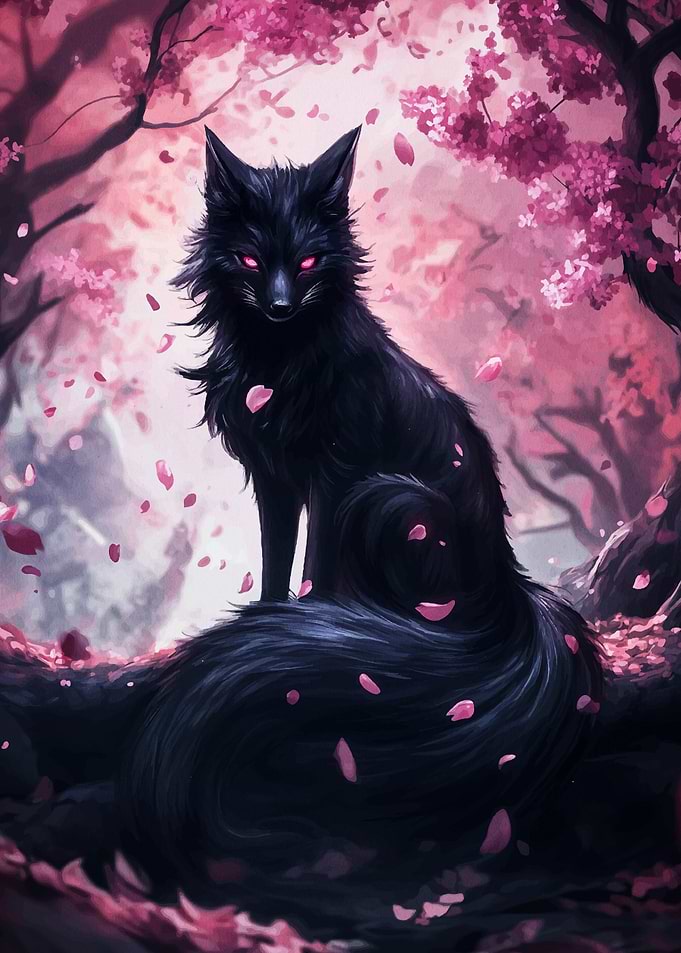 Black Fox in Cherry Blossoms