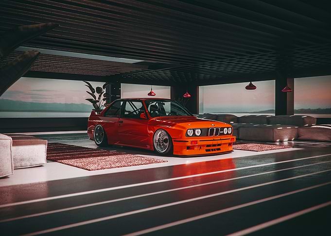 Red BMW E30 in Garage