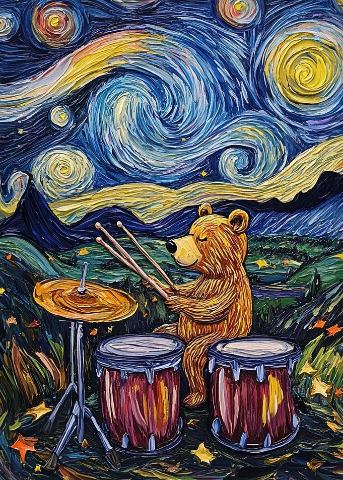 Bear Drumming Under Starry Night