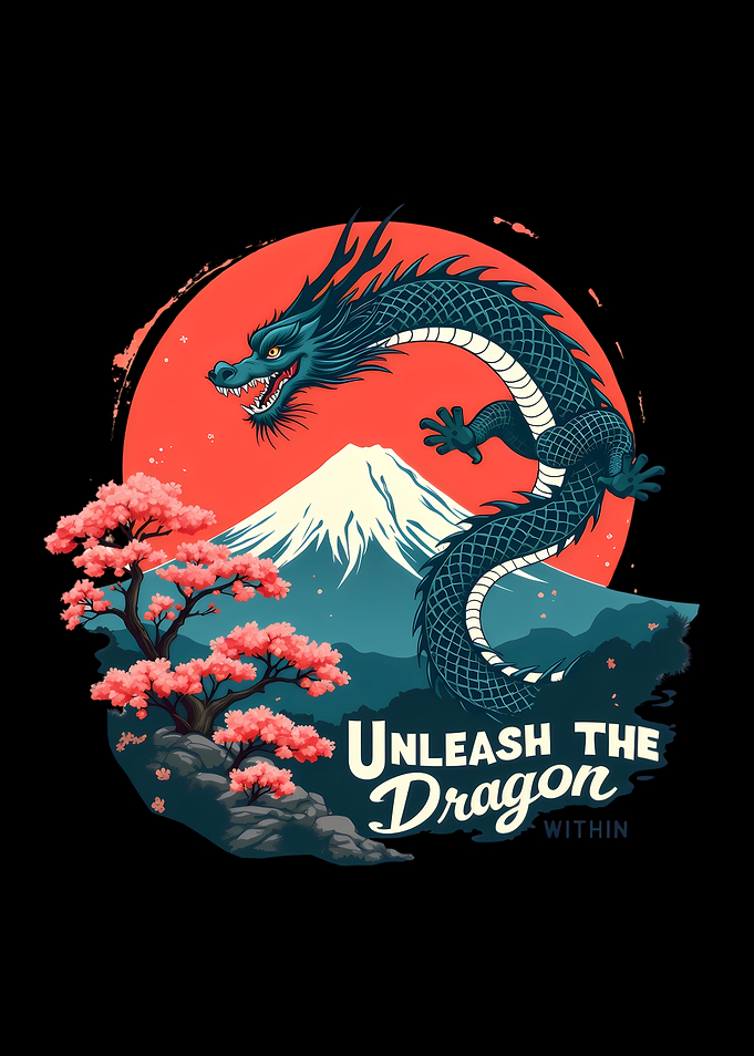 Japanese Dragon at Mount Fuji with Cherry Blossom Tree
