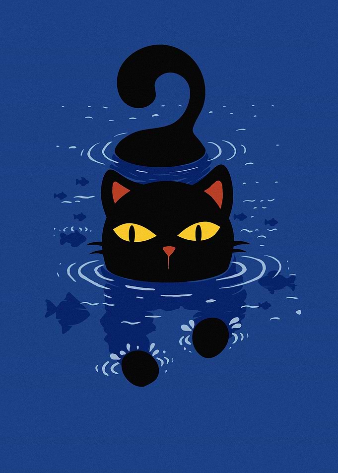 Paws in Water - Black Cat in Water