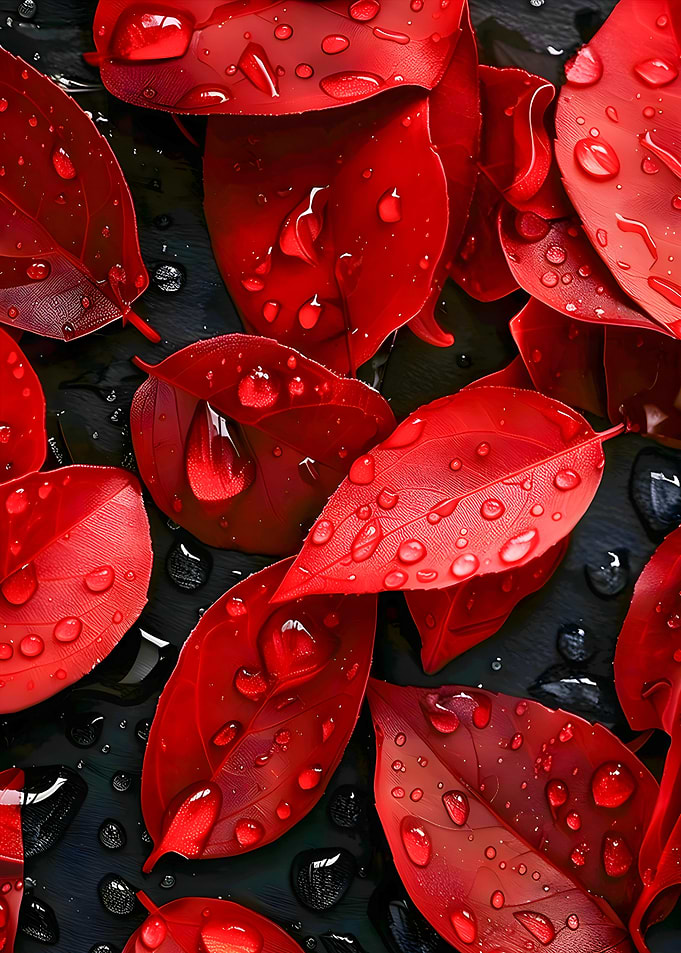 Red Leaves with Dew Drops