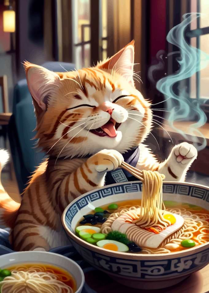 Happy Cat Eating Ramen