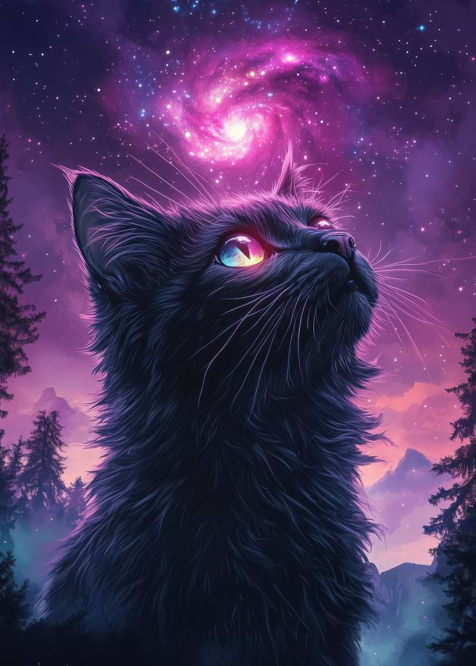 Black Cat Under Galaxy