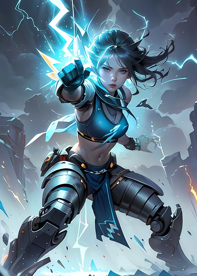 Epic Female Cyborg Mech Fighter with Lightning Magic in Action