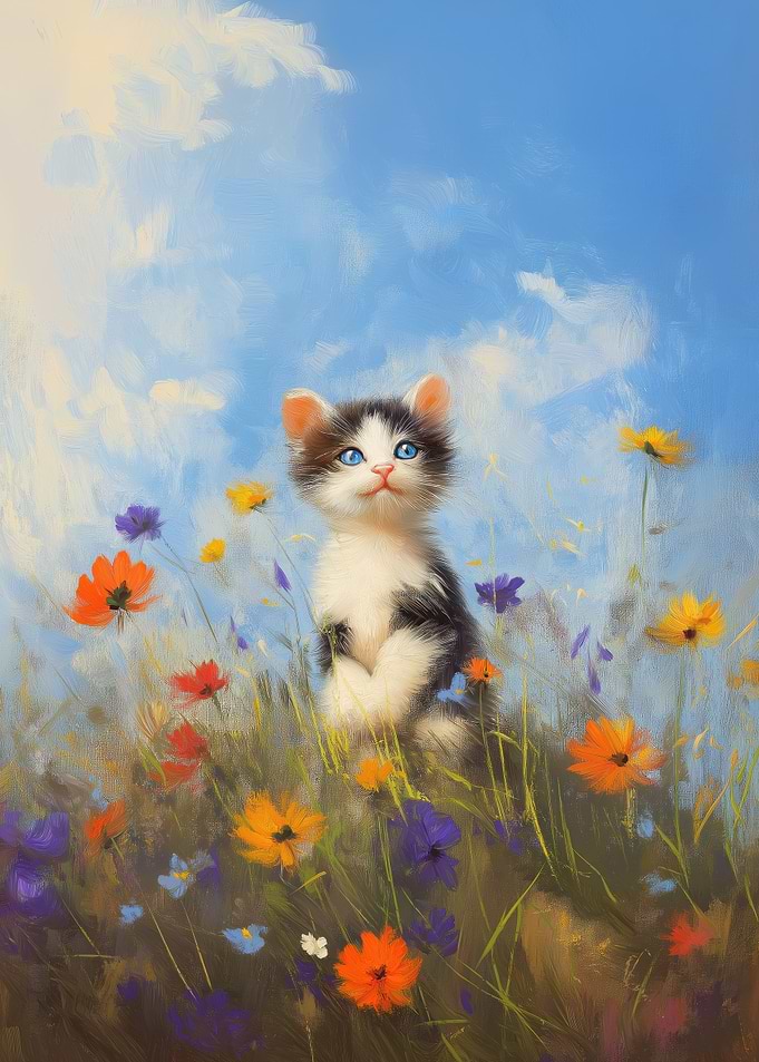 Kitten in a Field of Flowers