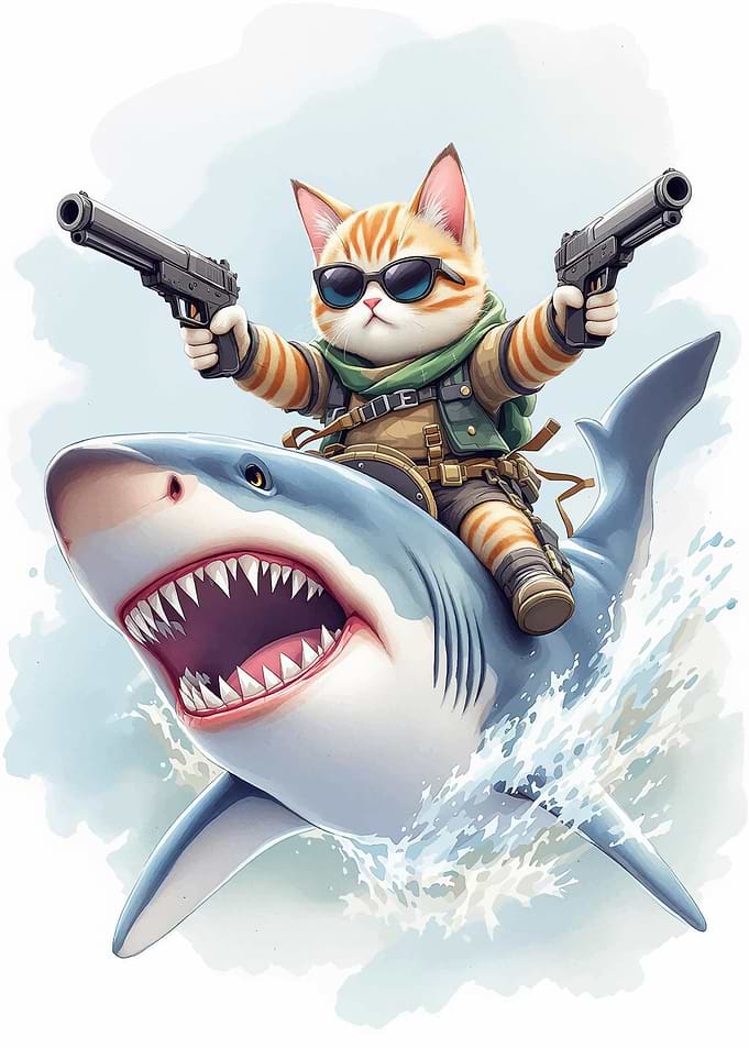 Cat with Guns Riding Shark