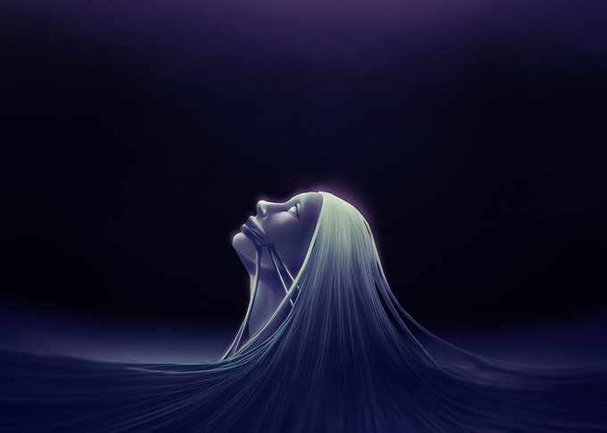 Bound woman drowning in darkness