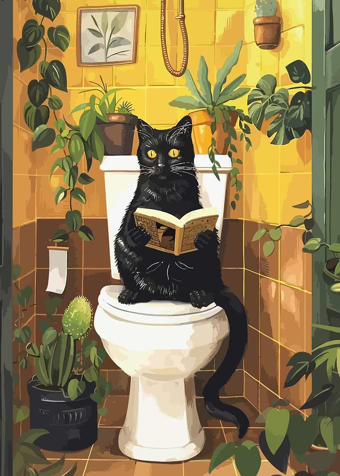 Black Cat Reading on Toilet