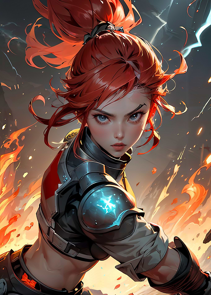 Fierce Female Cyborg Mech Fighter Wielding Fire Magic in Action