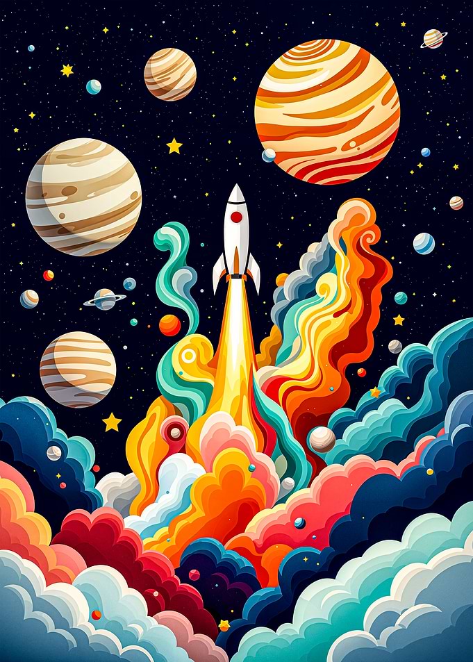 Rocket Launch in Space Digital Paper Art Illustration