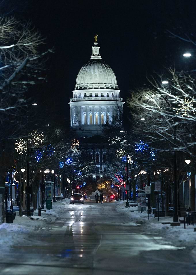 Snowy Madison WI Cityscape at Night