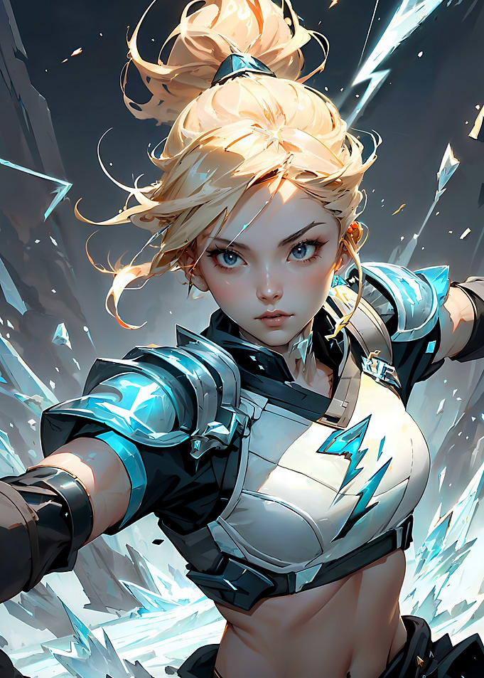 Dynamic Female Cyborg Mech Fighter Wielding Ice Magic in Action