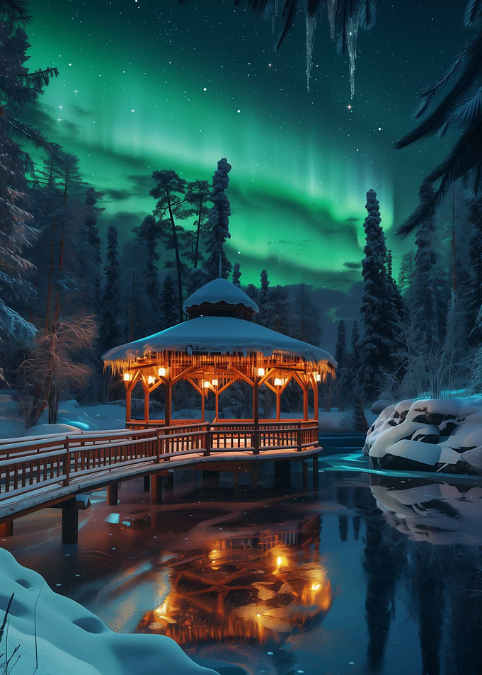 Auroras Embrace: The Gazebo Under Northern Lights