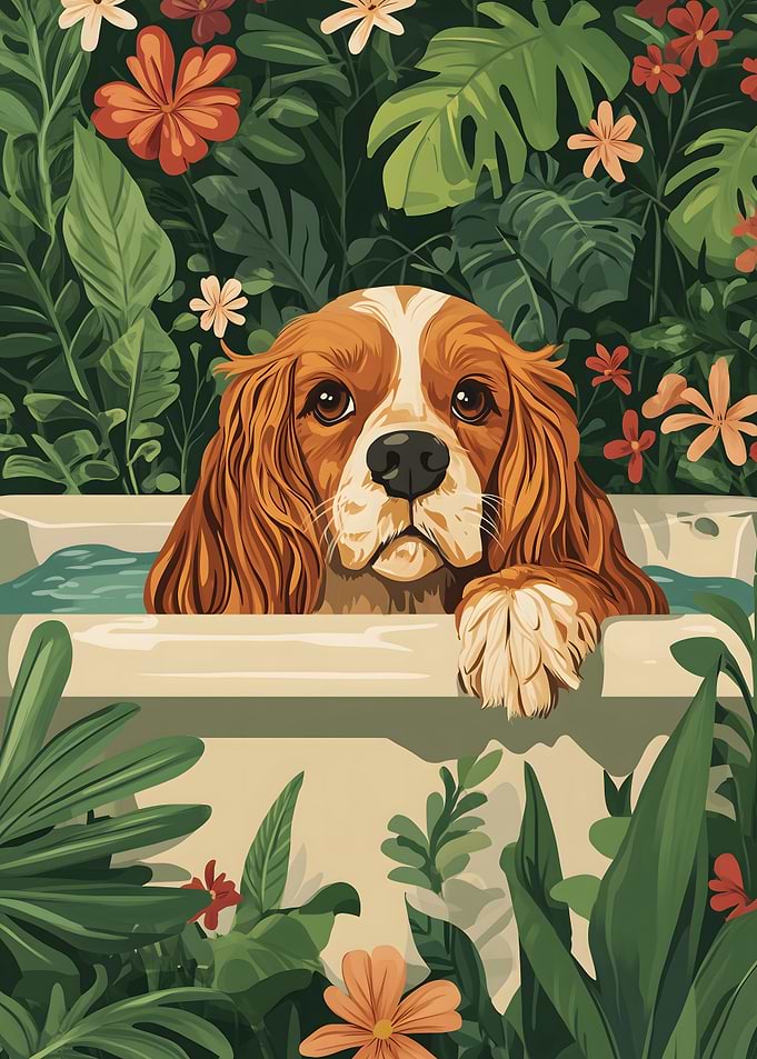 spaniel cavalier Dog in a Bath Tub