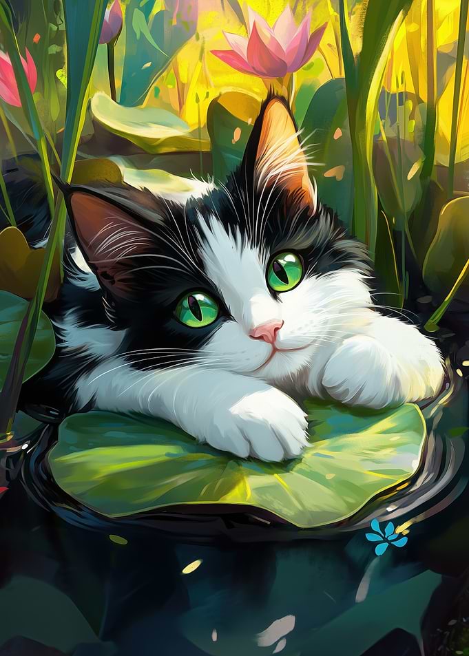 Cat on Lily Pad