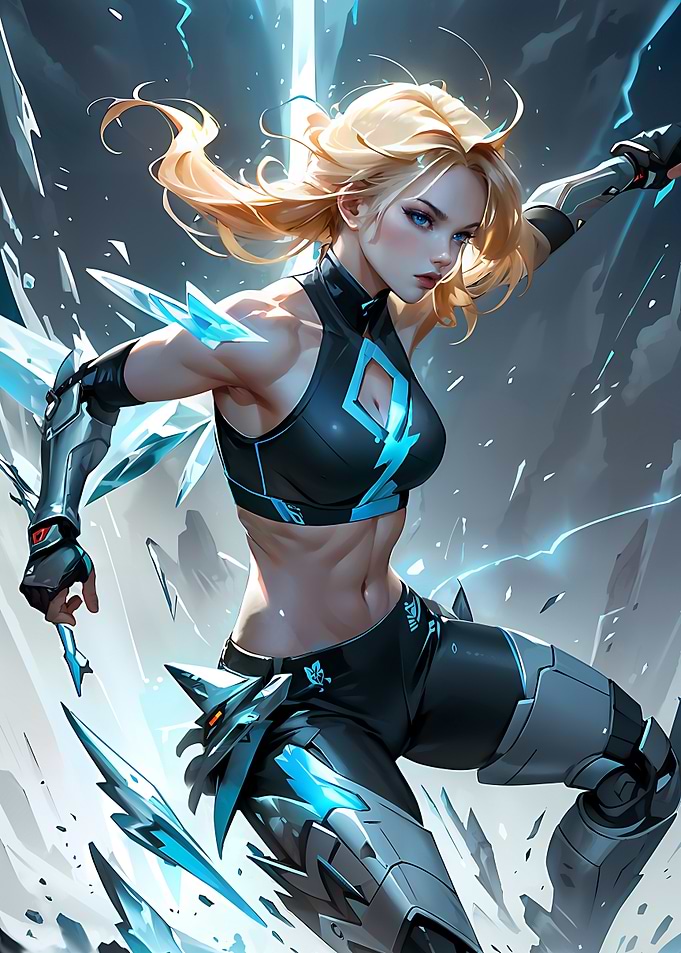 Dynamic Female Cyborg Mech Fighter Wielding Ice Magic in Action