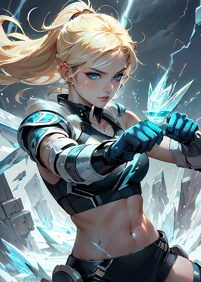 Dynamic Female Cyborg Mech Fighter Wielding Ice Magic in Action