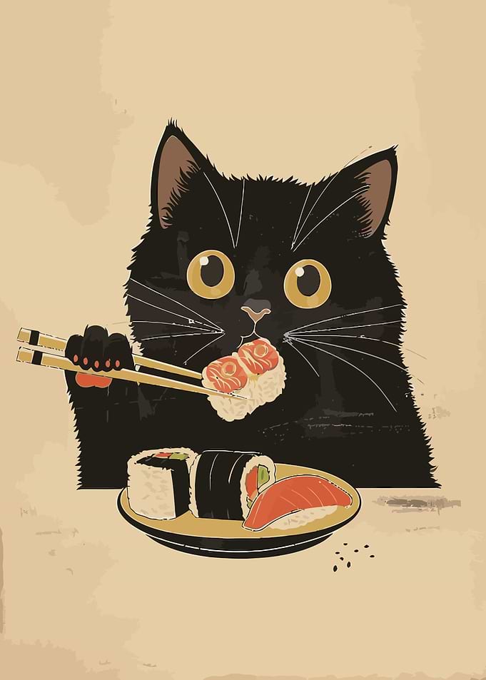 Black Cat Eating Sushi