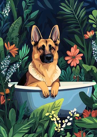 German Shepherd in a Bathub