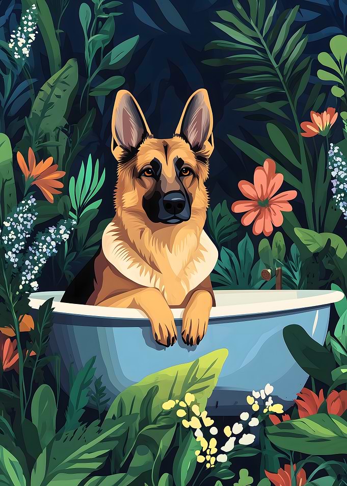 German Shepherd in a Bathub