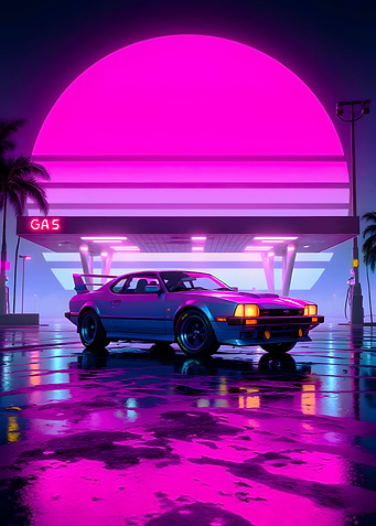 Retro Car at Gas Station