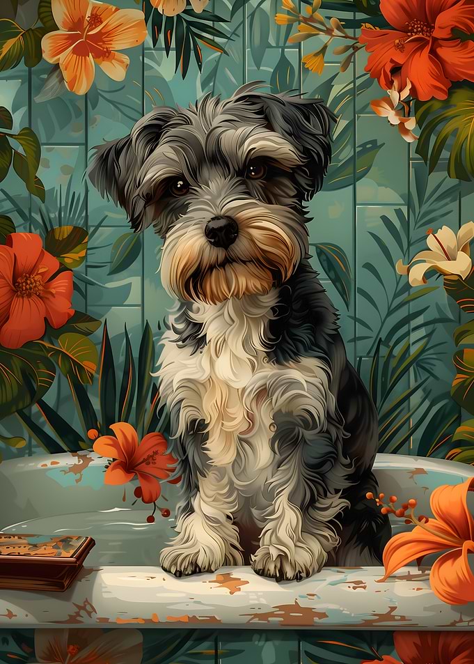 Miniature Schnauzer Dog in Bathtub
