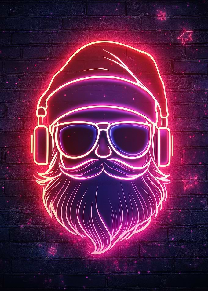 Neon Santa With Headphones