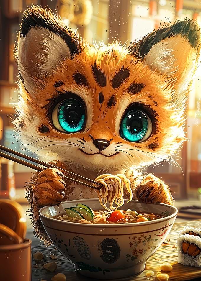 Cute Cat Eating Ramen