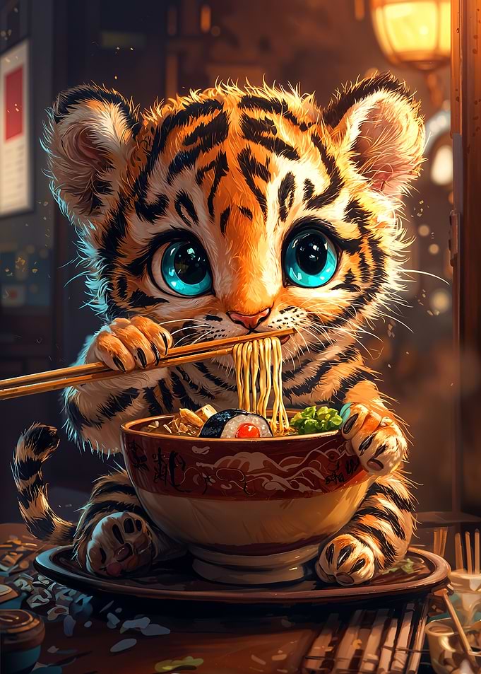Cute Tiger Eating Ramen