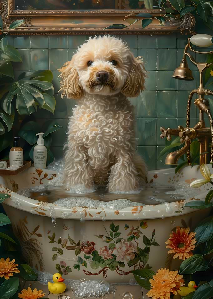 Poodle Dog in a Bathtub