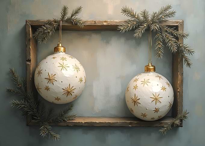 Rustic wood frame with white & gold Christmas ornaments