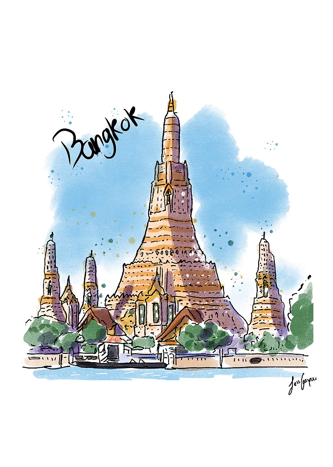Bangkok, Thailand - Wat Arun Temple Watercolor