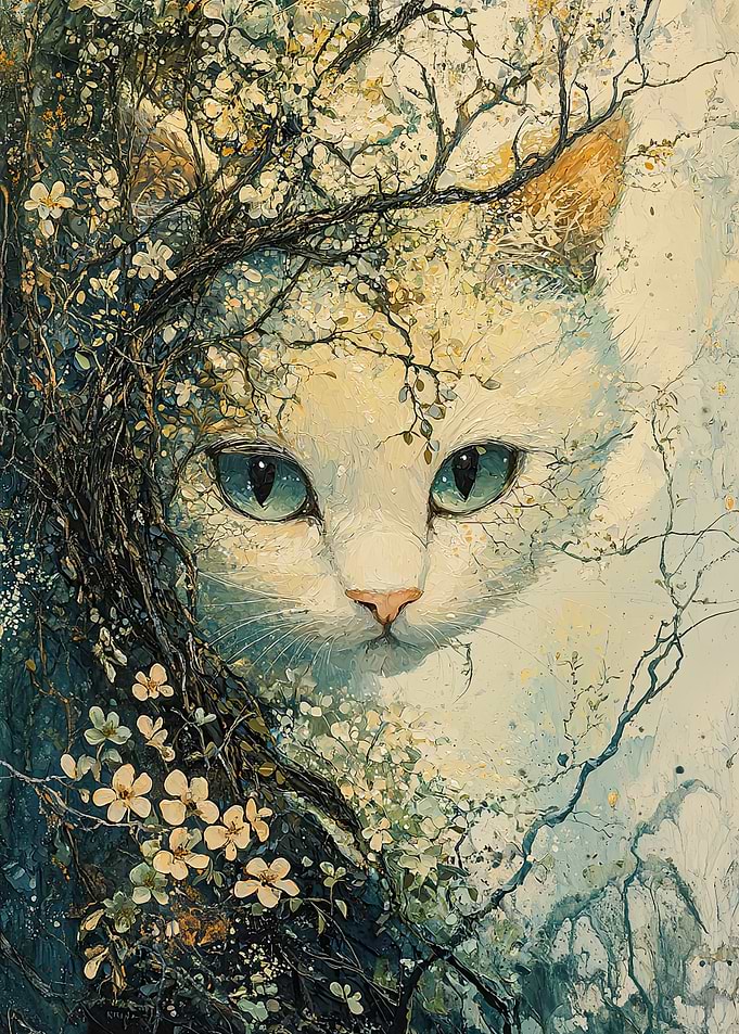 White Cat in Blossoms