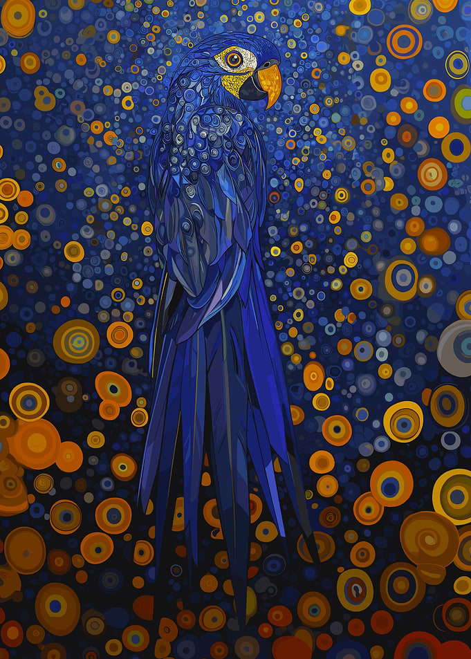 Blue Macaw Parrot in Starry Night