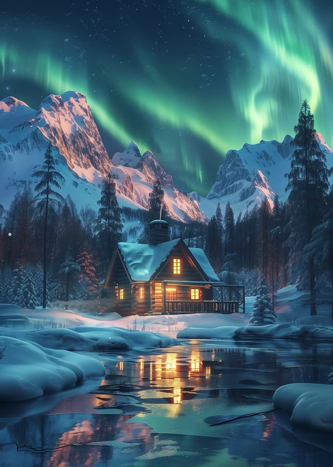 Cabin by Northern Lights Mountains
