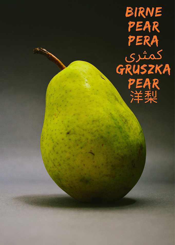Green Pear with Multilingual Label
