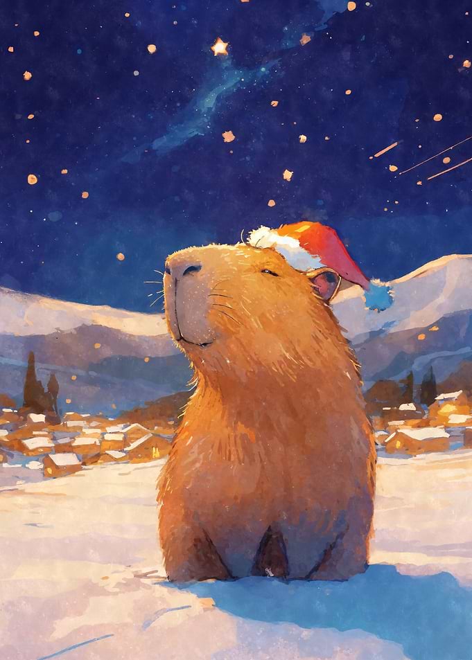 Capybara Santa in Winter Wonderland