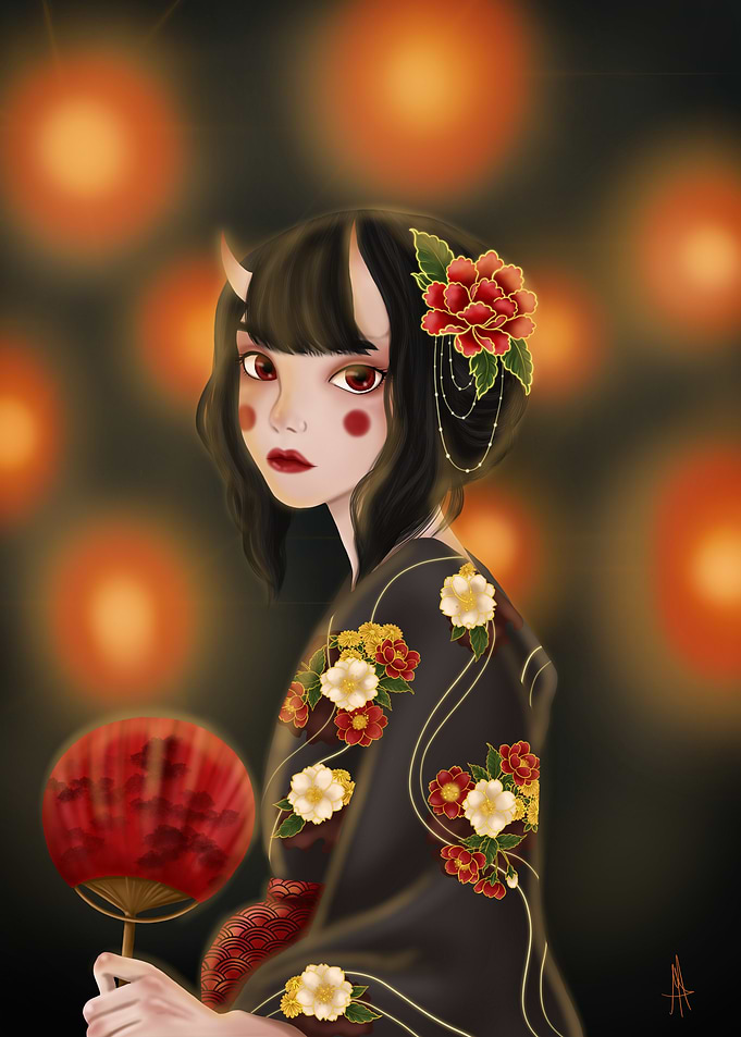 Japanese Demon Girl with Fan