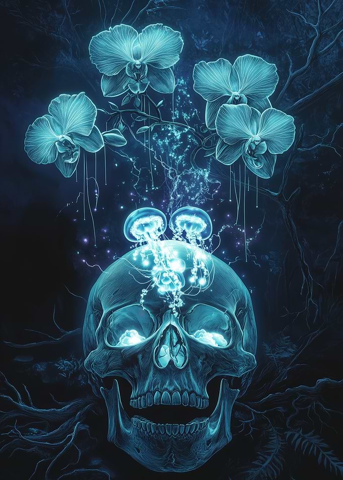 Skull with Orchids and Jellyfish