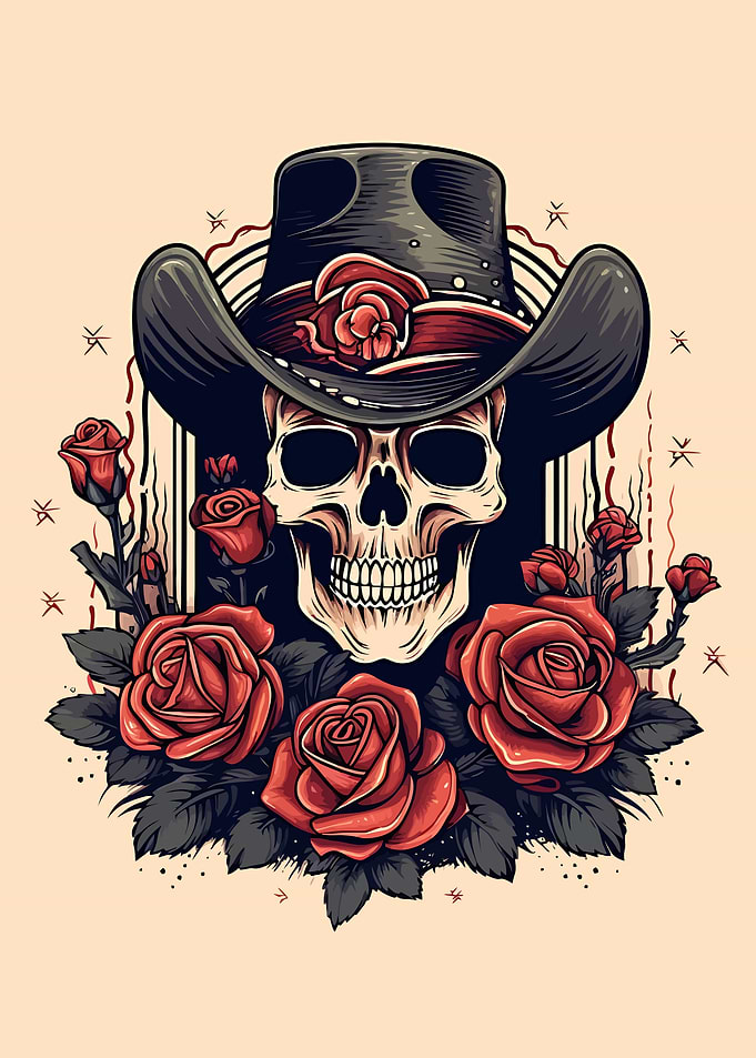 Skull in Cowboy Hat with Roses