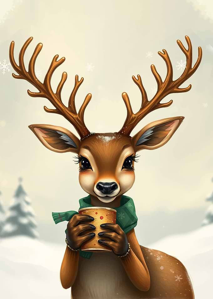 Christmas deer holding a coffee cup