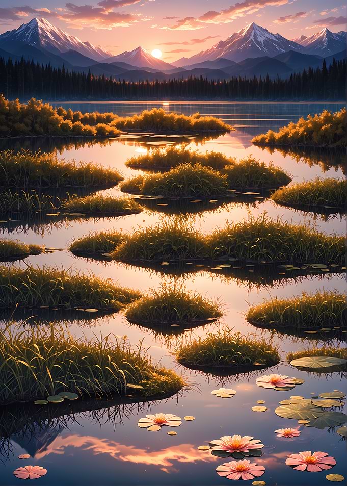 Sunset Lake with Water Lilies