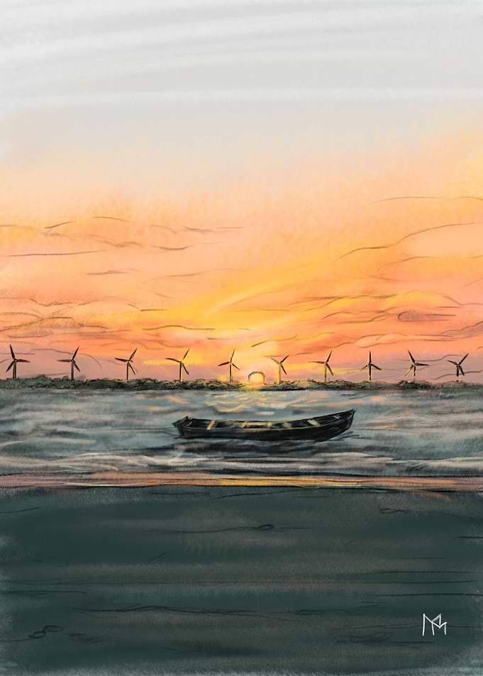Sunset Boat and Windmills