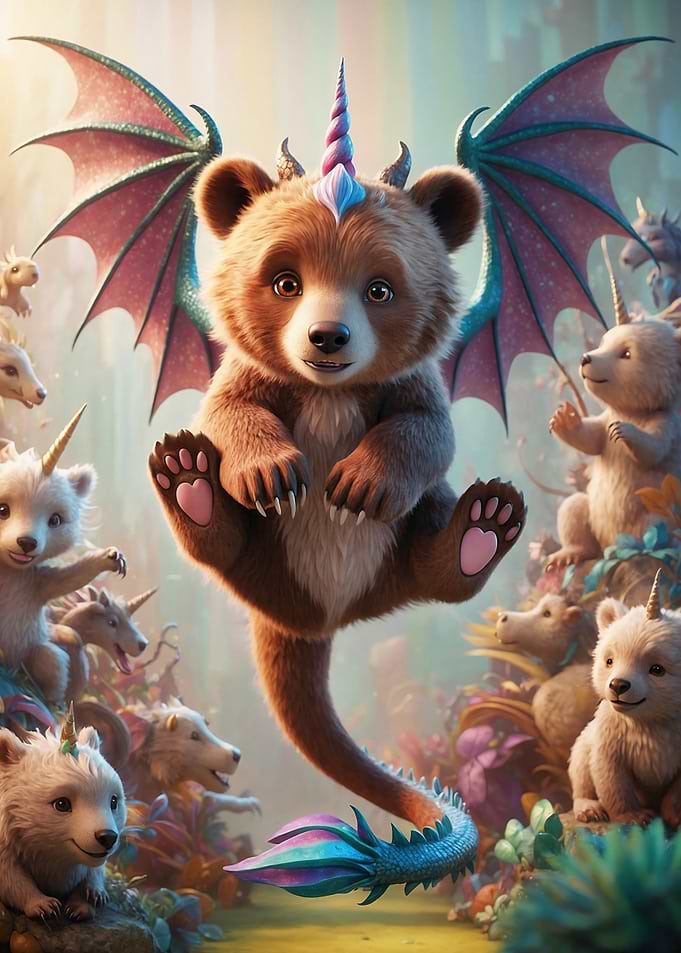 Hybrid Unicorn Bear Cub with Dragon Wings