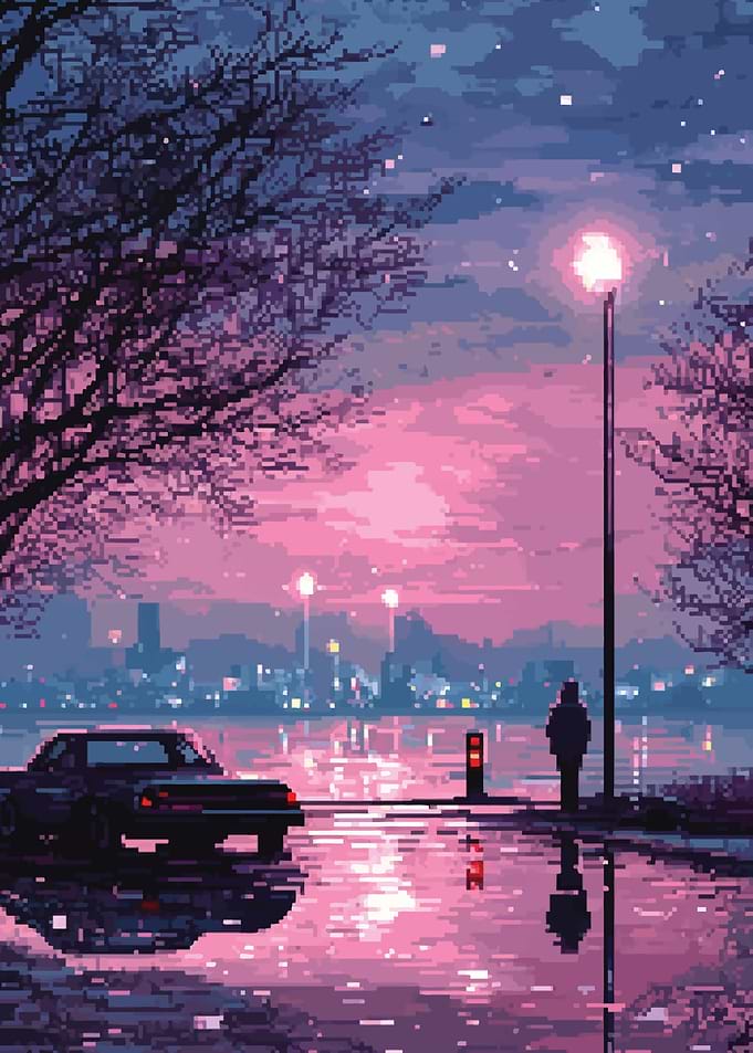Night Cityscape with Car Silhouette and Lights
