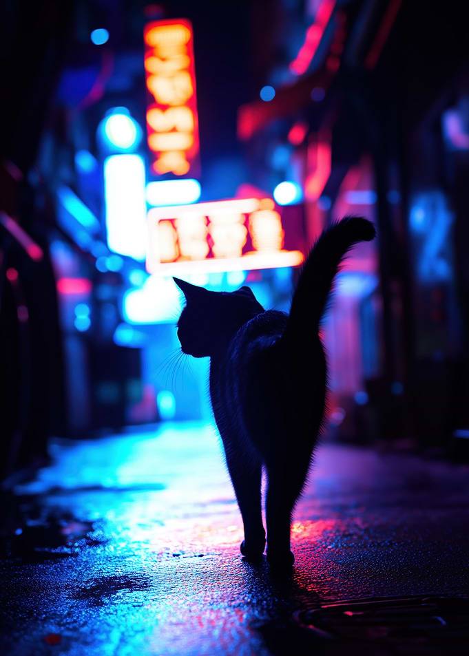 Black Cat in Neon City