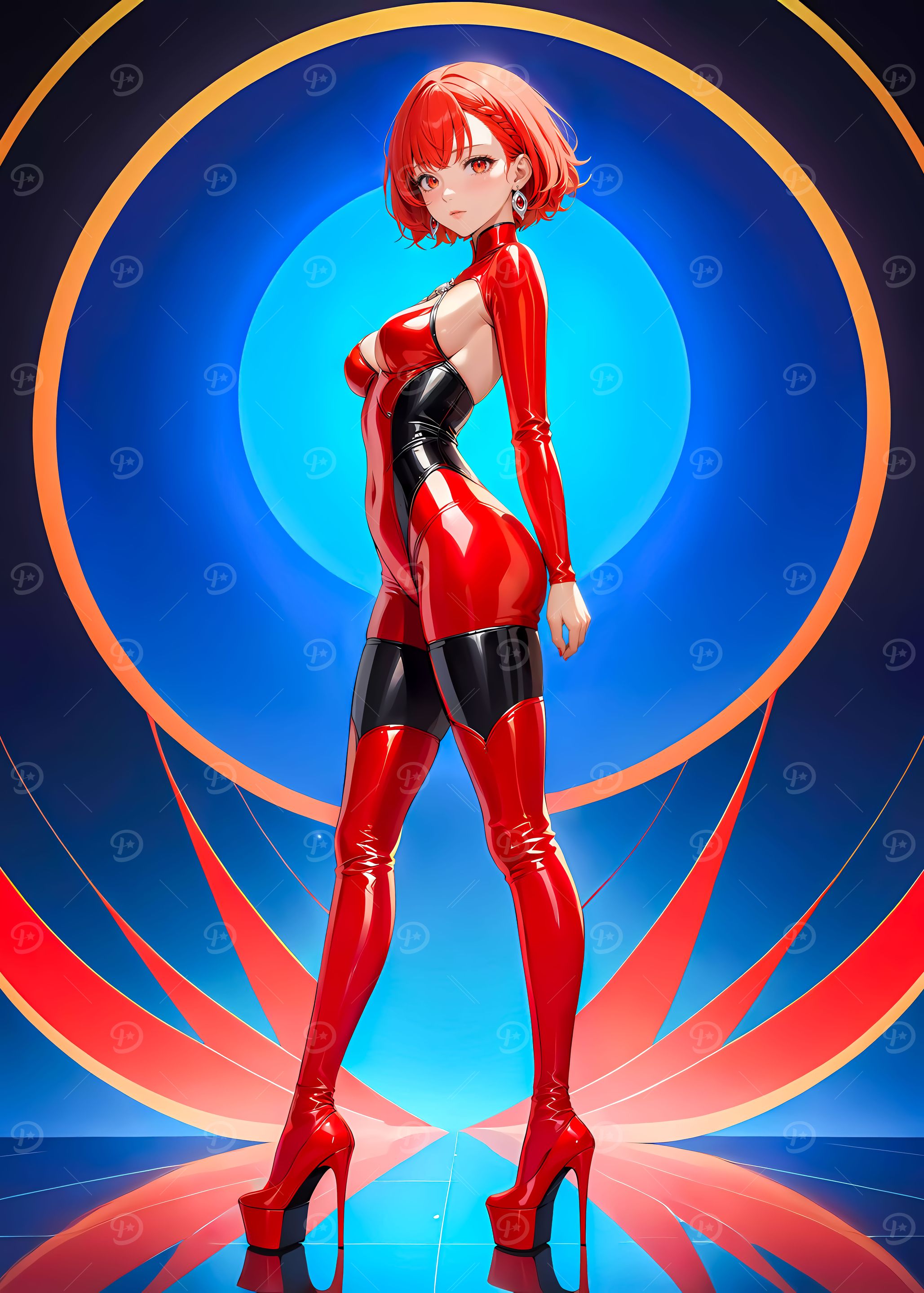 Anime Girl in Red Latex Bodysuit