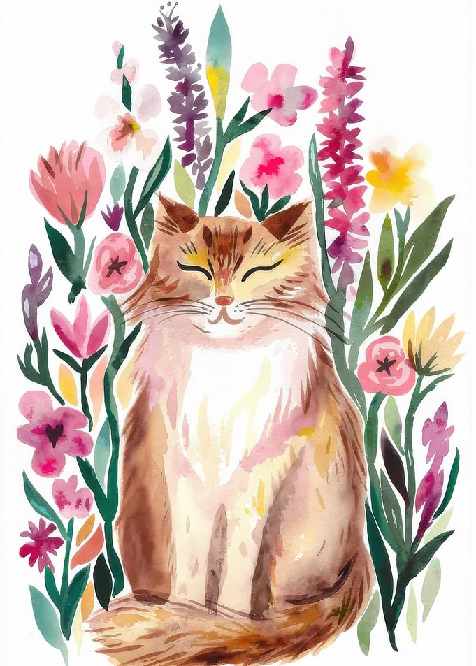 Cat in a Garden of Flowers