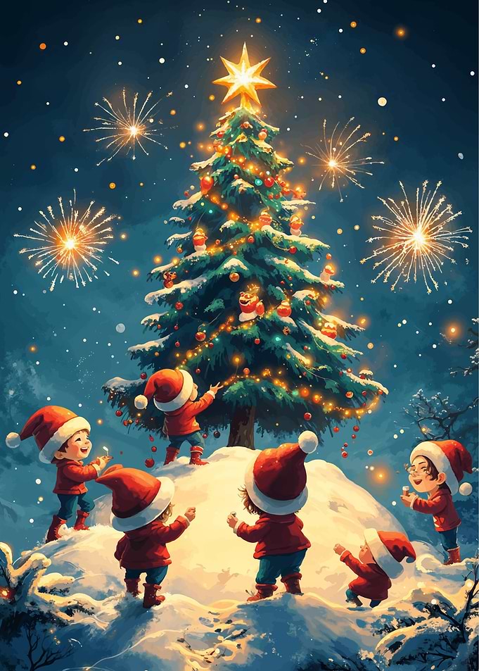 Christmas Elves Decorating Tree